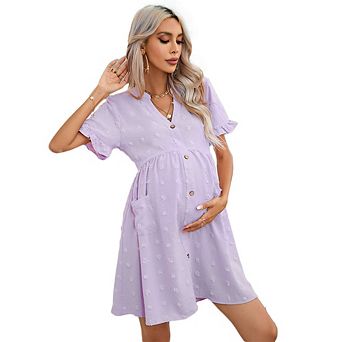 Womens Maternity V Neck Lantern Sleeve Jacquard Dot Pocket Babydoll Baby Shower Dress