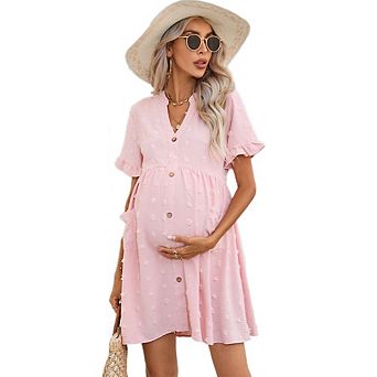 Womens Maternity V Neck Lantern Sleeve Jacquard Dot Pocket Babydoll Baby Shower Dress
