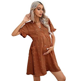 Womens Maternity V Neck Lantern Sleeve Jacquard Dot Pocket Babydoll Baby Shower Dress