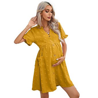 Womens Maternity V Neck Lantern Sleeve Jacquard Dot Pocket Babydoll Baby Shower Dress