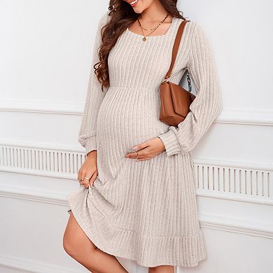 Maternity Sweater Square Neck Lantern Long Sleeve Ribbed Knit Baby Shower Midi Dress
