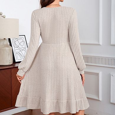 Maternity Sweater Square Neck Lantern Long Sleeve Ribbed Knit Baby Shower Midi Dress