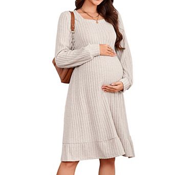 Maternity Sweater Square Neck Lantern Long Sleeve Ribbed Knit Baby Shower Midi Dress