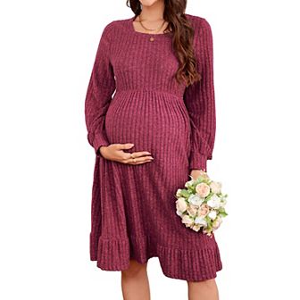 Maternity Sweater Square Neck Lantern Long Sleeve Ribbed Knit Baby Shower Midi Dress