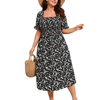 Plus Size Womens Smocked Summer Midi Dresses Puff Sleeve Floral Milkmaid Dress Cute Square Neck