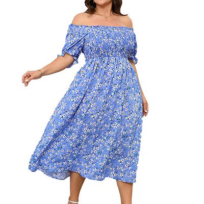 Plus Size Womens Smocked Summer Midi Dresses Puff Sleeve Floral Milkmaid Dress  Cute Square Neck