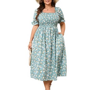 Plus Size Womens Smocked Summer Midi Dresses Puff Sleeve Floral Milkmaid Dress Cute Square Neck