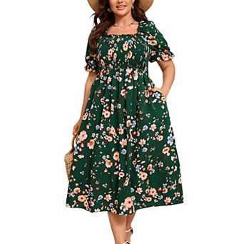 Plus Size Womens Smocked Summer Midi Dresses Puff Sleeve Floral Milkmaid Dress Cute Square Neck