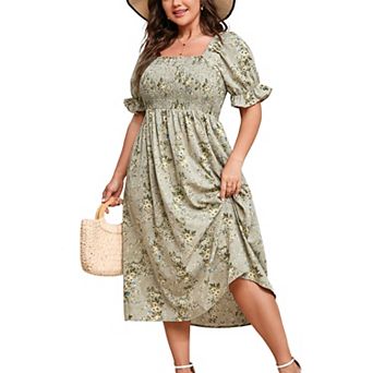 Plus Size Womens Smocked Summer Midi Dresses Puff Sleeve Floral Milkmaid Dress Cute Square Neck