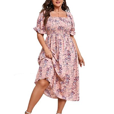 Plus Size Womens Smocked Summer Midi Dresses Puff Sleeve Floral Milkmaid  Dress Cute Square Neck