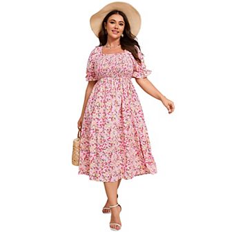 Plus Size Womens Smocked Summer Midi Dresses Puff Sleeve Floral Muilkmaid Dress Cute Square Neck