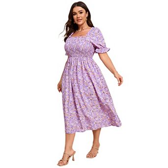 Plus Size Womens Smocked Summer Midi Dresses Puff Sleeve Floral Muilkmaid Dress Cute Square Neck