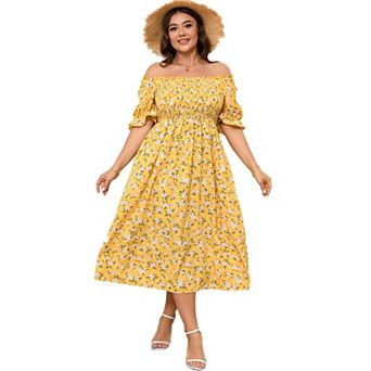 Plus Size Womens Smocked Summer Midi Dresses Puff Sleeve Floral Milkmaid Dress Cute Square Neck
