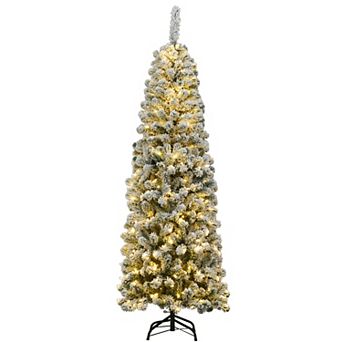 Costway 4.5/6/7.5 Ft Pre-lit Snow Flocked Pencil Christmas Pine Tree w 150/250/350 LED Lights