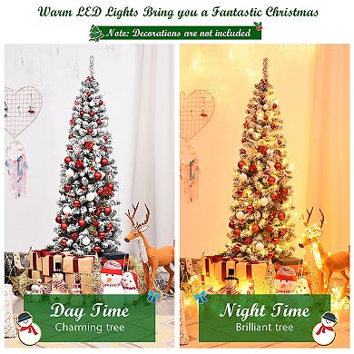 Costway 4.5/6/7.5 Ft Pre-lit Snow Flocked Pencil Christmas Pine Tree w 150/250/350 LED Lights