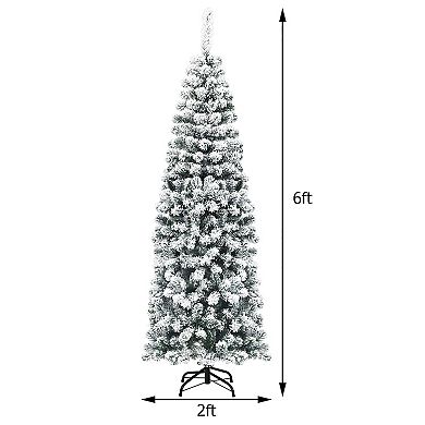 Costway 4.5/6/7.5 Ft Pre-lit Snow Flocked Pencil Christmas Pine Tree w 150/250/350 LED Lights