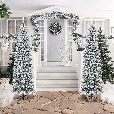 Costway 4.5/6/7.5 Ft Unlit Hinged Snow Flocked Artificial Pencil Christmas Tree w/242/500/641 Branch