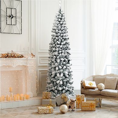 Costway 4.5/6/7.5 Ft Unlit Hinged Snow Flocked Artificial Pencil Christmas Tree w/242/500/641 Branch