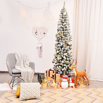 Costway 4.5/6/7.5 Ft Unlit Hinged Snow Flocked Artificial Pencil Christmas Tree w/242/500/641 Branch