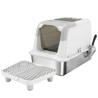 PawHut Stainless Steel Litter Box with Lid, Extra Large Cat Litter Box