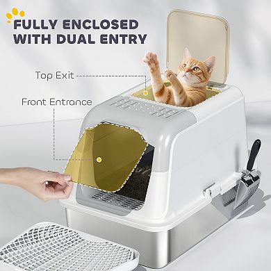 PawHut Stainless Steel Litter Box with Lid, Extra Large Cat Litter Box