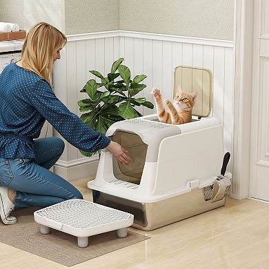 PawHut Stainless Steel Litter Box with Lid, Extra Large Cat Litter Box