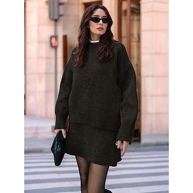 Women Sweater Skirt Sets 2 Pieces Outfits Loose Fit Pullover Sweater Knitted Mini Skirt