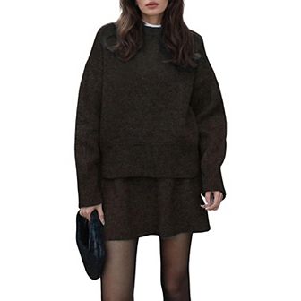 Women Sweater Skirt Sets 2 pc Outfits Loose Fit Pullover Sweater Knitted Mini Skirt
