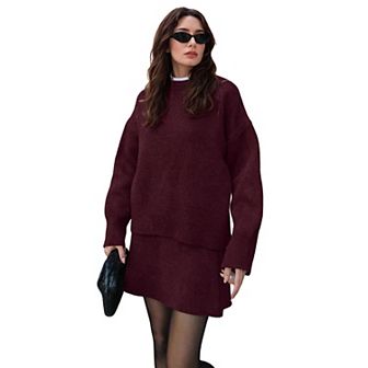Women Sweater Skirt Sets 2 pc Outfits Loose Fit Pullover Sweater Knitted Mini Skirt