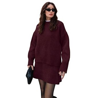 Women Sweater Skirt Sets 2 pc Outfits Loose Fit Pullover Sweater Knitted Mini Skirt