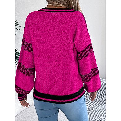 Women's Sweater V Neck Long Sleeve Striped Color Blocking Comfortable Loose Knit Sweater