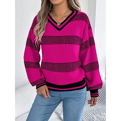Women's Sweater V Neck Long Sleeve Striped Color Blocking Comfortable Loose Knit Sweater