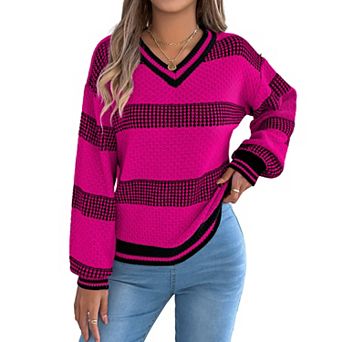 Women's Sweater V Neck Long Sleeve Striped Color Blocking Comfortable Loose Knit Sweater