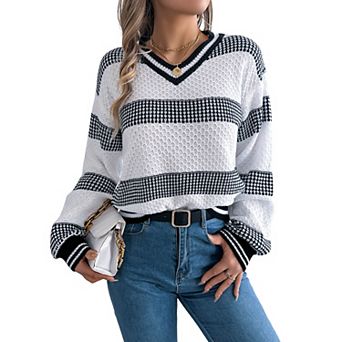 Women's Sweater V Neck Long Sleeve Striped Color Blocking Comfortable Loose Knit Sweater