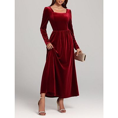 Womens Velvet Midi Dress Slim Square Neck Long Sleeve Solid Color High  Waist Dress Flowy Cocktail