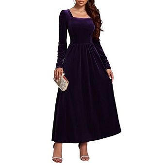 Womens Velvet Midi Dress Slim Square Neck Long Sleeve Solid Color High Waist Dress Flowy Cocktail
