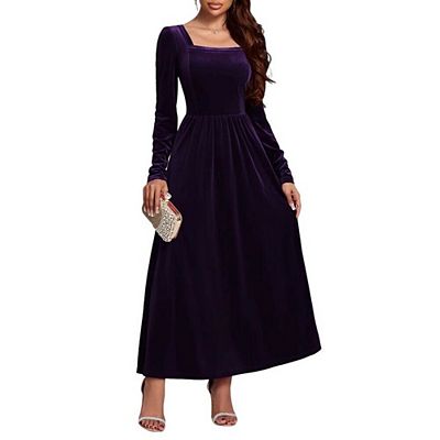 purple velvet midi dress Blczomt Purple Winter Dresses for Women Long Sleeve Maxi Plain Velvet Dress Crew Neck Dressy Elegant Dress, Women's, Size: 4,6,8,10,12,14,16,18,20