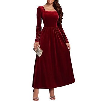 Womens Velvet Midi Dress Slim Square Neck Long Sleeve Solid Color High Waist Dress Flowy Cocktail