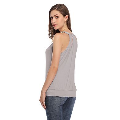 Women's Sleeveless V Neck Tank Tops Drape Wrap Front Solid Pleated Top