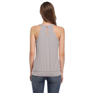 Women's Sleeveless V Neck Tank Tops Drape Wrap Front Solid Pleated Top