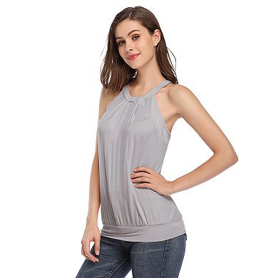 Women's Sleeveless V Neck Tank Tops Drape Wrap Front Solid Pleated Top