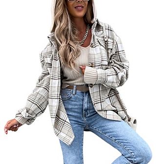 Womens Fall Winter Flannel Lapel V Neck Plaid Jacket Long Sleeve Hoodies Button Down Shirts Jackets