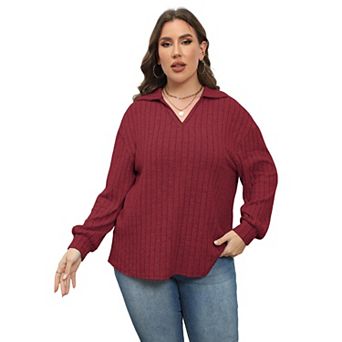 Women Plus Size Casual Knit Sweater Lapel V Neck Solid Color Tops Lightweight Long Sleeve Blouses