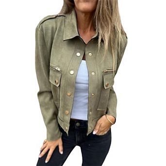 Womens Cropped Suede Leather Jacket Fashion Motorcycle Bomber Jackets Fall Winter Coats