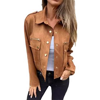Womens Cropped Suede Leather Jacket Fashion Motorcycle Bomber Jackets Fall Winter Coats