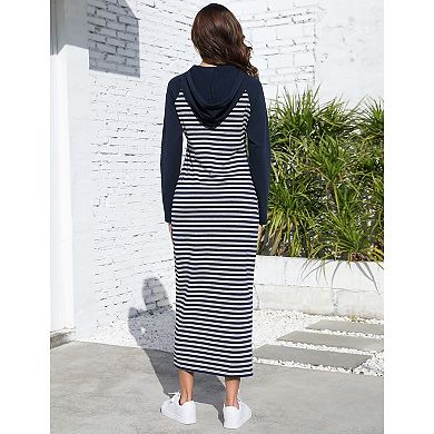 Women's Long Sleeve Side Slit Pullover Maxi Hoodie Dress Slim Sweatshirt Long Dresses with Pockets