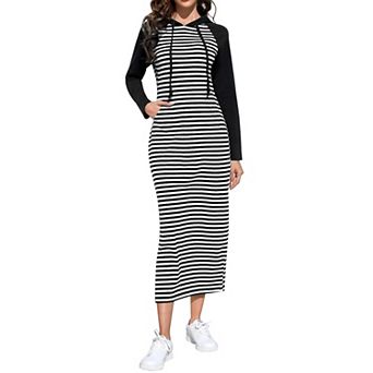 Women's Long Sleeve Side Slit Pullover Maxi Hoodie Dress Slim Sweatshirt Long Dresses with Pockets