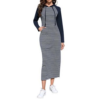 Women's Long Sleeve Side Slit Pullover Maxi Hoodie Dress Slim Sweatshirt Long Dresses with Pockets