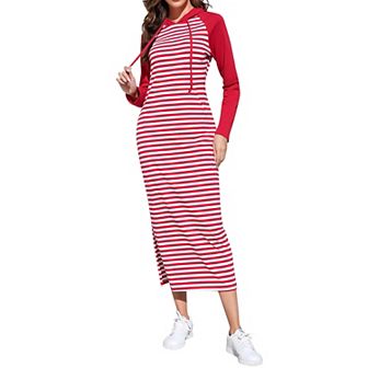 Women's Long Sleeve Side Slit Pullover Maxi Hoodie Dress Slim Sweatshirt Long Dresses with Pockets