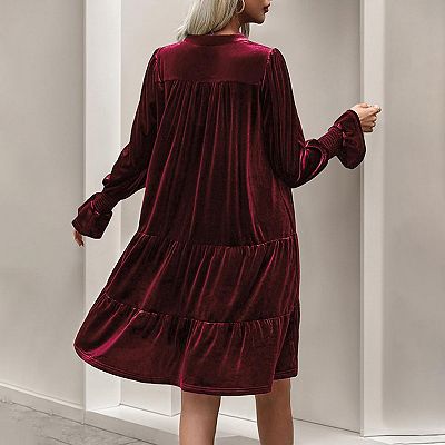 knee length dresses for ladies Coffee Plus Size Velvet Babydoll Mini Dress With Puff Sleeve main image 1